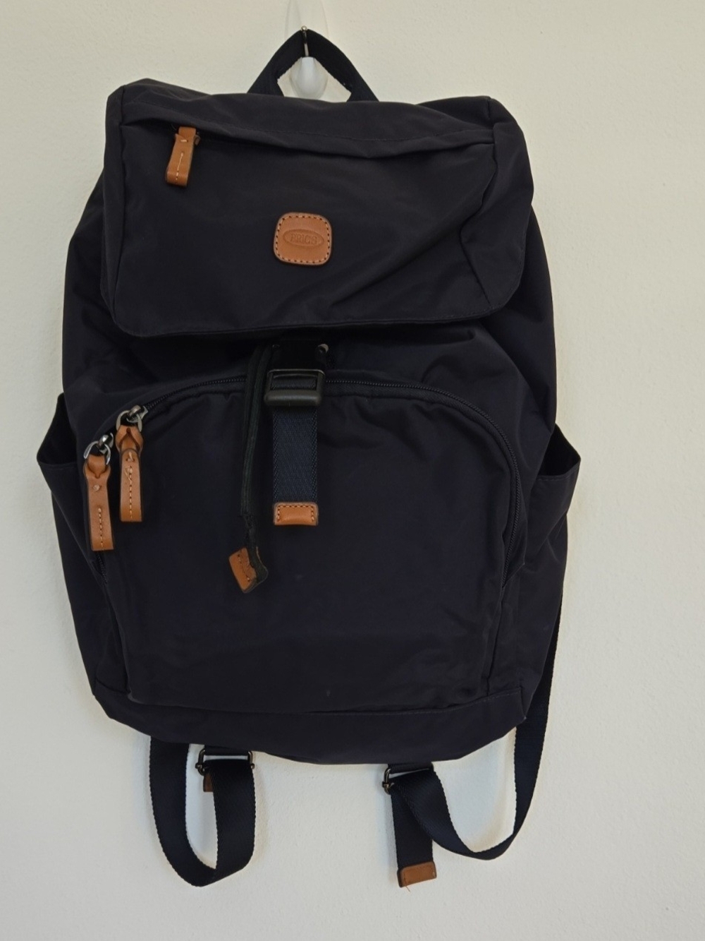BRIC'S Navy Blue Unisex Satin Nylon Backpack with Tan Leather Accents